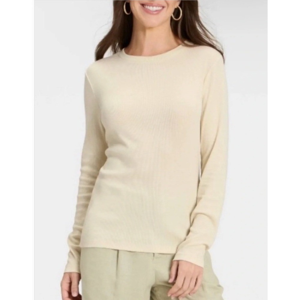 A New Day Women's Size Small Long Sleeve Ribbed T-Shirt Crewneck Beige Stretch